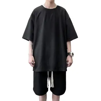 2Pcs/Set Homens Roupa O-Pescoço T-shirt Manga Curta Shorts de Elástico na Cintura, Bolsos Cordão de Verão de Treino de Sportswear Terno