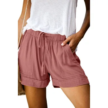 Mulheres de Verão Solta a Cintura Elástica Shorts Ocasionais de Perna Larga Shorts Mulheres Sólido Simples, Calça Multicolor Grandes Bolsos de Calças Curtas