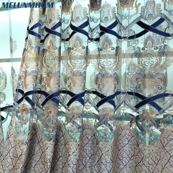 Melunmhom Europeu de Alto Grau Solúvel em Água Cortinas para a Sala de Baixo Jacquard de Costura Pavão Azul Bordado Pura Cu