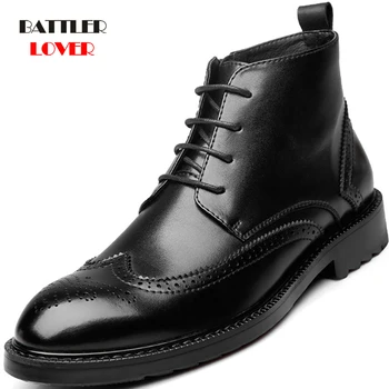Macho Preto Brogue Couro Genuíno Ankle Boots Homens Novilho Oxfords, Botas Sapatos de Homens de Negócios do Escritório de Inicialização Homem Formal Sapato do Casamento