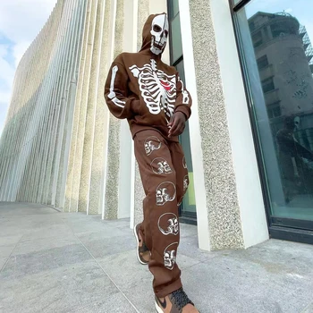 Esqueleto De Impressão De Grandes Dimensões Zip Hoodies Homens Harajuku Streetwear Hip Hop Crânio Gótico Com Capuz Casacos Outono Inverno Outwear Unisex