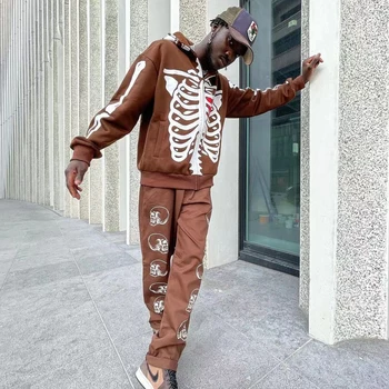 Esqueleto De Impressão De Grandes Dimensões Zip Hoodies Homens Harajuku Streetwear Hip Hop Crânio Gótico Com Capuz Casacos Outono Inverno Outwear Unisex
