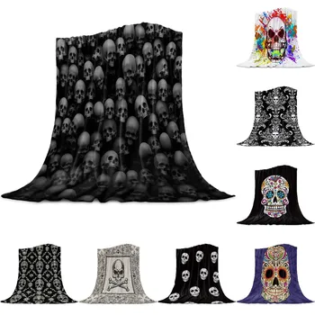 Black Skull Suaves De Flanela Mantas De Sofá-Cama Jogar Mantas Fleece Coral Nap Envoltório De Viagem Cobertores Queen King Size Halloween