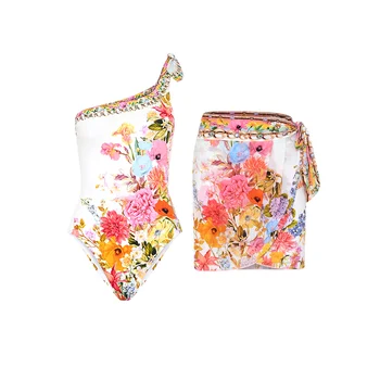 Feminino Vintage Cadeia De Estampa Floral, Um Maiô E Cobrir-Se Simétrica Swimwear Um Ombro Verão