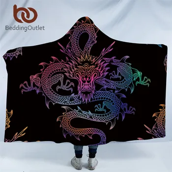 BeddingOutlet Dragão Totem com Capuz Cobertor para Adultos Colorido Chinês Impresso Sherpa de Lã Wearable Jogar Cobertor de Microfibra