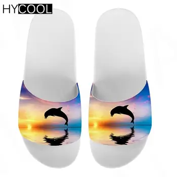 HYCOOL 3D Dolphin Impressão Chinelos de quarto 2020 Banheiro antiderrapante Mulheres Amantes de Interior Home Sandálias de Verão Flip-Flops Macio Masculino Slides