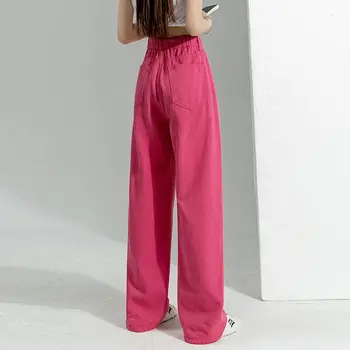 Casual de Moda Cintura Alta Largura de Perna de Calças Jeans Feminina 2023 Verão Vintage Simplicidade Solta Bolsos de Calças de Roupas femininas
