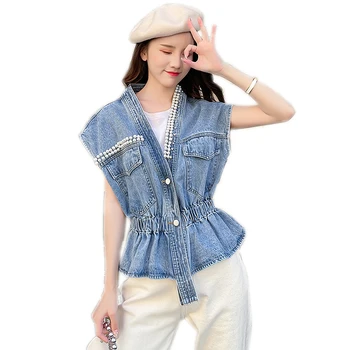 Novo Design de Moda as Mulheres com decote em V decoração Beading Bolsos de Botão Fêmea Colete Jeans Curto Casual Tops