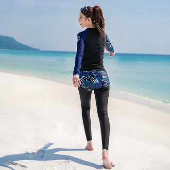Três Peças Modesto Swimwear Das Mulheres De Manga Longa Maiô Com Shorts, Calças Conservador Fato De Banho Proteção Do Sol Moda Praia