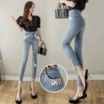 Slim Jeans feminina Primavera Verão Cintura Alta Casual Coreia Moda Feminina Jeans Skinny 2023 Nova Elegância Nove Pontos de Jeans, Calças