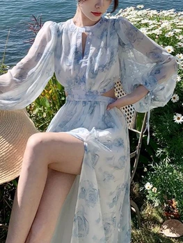 2023 Verão Elegante Vestido Midi Mulheres De Festa Floral Dress Dama De Escritório Chiffon Manga Longa Vestido De Uma Peça Coreano Moda Chique
