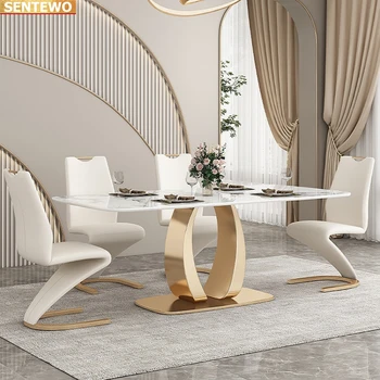 Designer de Luxo, sala de jantar em Mármore, Pedra, Laje mesa de jantar 4 6 cadeiras mesa stolik móveis de marbre de aço Inoxidável, base de ouro
