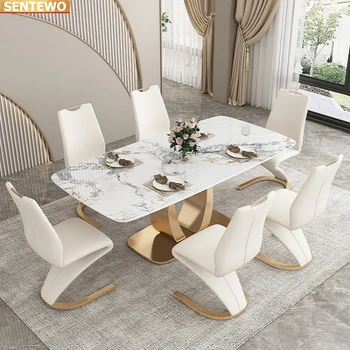Designer de Luxo, sala de jantar em Mármore, Pedra, Laje mesa de jantar 4 6 cadeiras mesa stolik móveis de marbre de aço Inoxidável, base de ouro