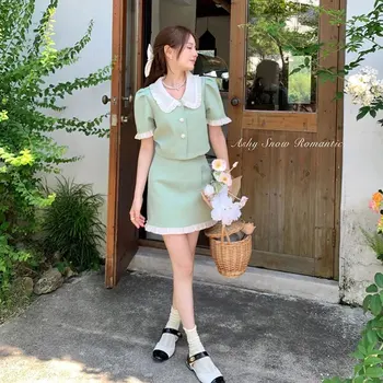 Verão Retrô Verde Hepburn Terno Doce De Duas Peças De Conjuntos De Vestido Gola Peter Pan Manga Curta Crop Top+ Mini Saias Coreano Moda