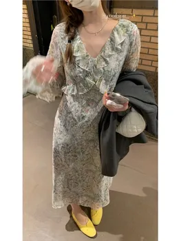 Babados, decote em V Floral Imprimir Chiffon Vestido de festa Longo do Vintage das Mulheres Primavera francesa de Manga Longa Vestido de cocktail vestidos de mulheres de vestido longo