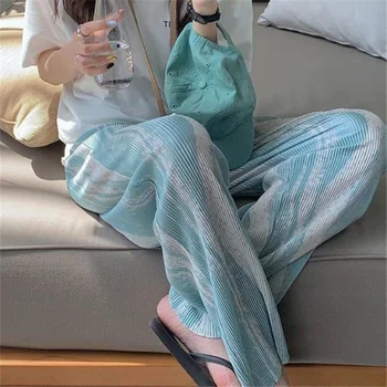 Tie Dye Impressão Harajuku Casual Streetwear Plissado Em Linha Reta Grande Perna De Calça Feminina Moda Verão Solto Fina Calças Para Mulheres De Roupas