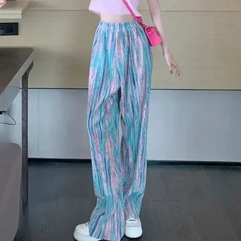 Tie Dye Impressão Harajuku Casual Streetwear Plissado Em Linha Reta Grande Perna De Calça Feminina Moda Verão Solto Fina Calças Para Mulheres De Roupas