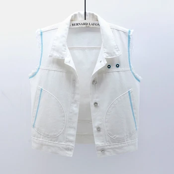 O Coreano Moda Branco Curto De Jeans, Coletes Mulheres Bolso Grande Mangas Da Jaqueta De Volta Cabo De Colete Jeans Casual Aluno Colete Feminino