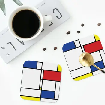 Mondrian Minimalista, bases para copos de PVC de Couro Esteira Impermeável Isolamento de Café Tapetes de Casa de Jantar, Cozinha Almofadas Conjunto de 4