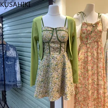KUSAHIKI Conjuntos Mulheres 2023 Primavera Verão Novo Casaquinho de Malha de Casaco + coreano Elegante Cintura fina Floral de Espaguete Vestido de Alça 2Piece