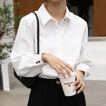 Mulheres novas Camisas Brancas Vire para Baixo de Gola de Blusa Tops Elegante Vestuário Feminino Chiffon Single-Breasted Camisas de Manga Longa OL Estilo