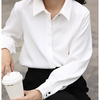 Mulheres novas Camisas Brancas Vire para Baixo de Gola de Blusa Tops Elegante Vestuário Feminino Chiffon Single-Breasted Camisas de Manga Longa OL Estilo