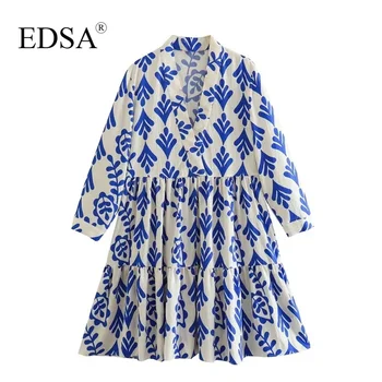 EDSA Mulheres da Moda Azul Impressa Mini Vestido 2023 Verão decote em V, Mangas compridas Bainha de Babados, Cintura Alta Vestidos Curtos