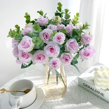 11 Cabeças De Flor Artificial Rosas, Bouquet De Eucalipto Branco, Peônia Falso Flor De Noiva Decoração De Mesa De Festa De Vasos De Quarto De Decoração De Casa