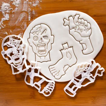 1/3pcs Halloween Zumbi Mãos Cabeça Pés Cookie Cortadores de Plástico 3D Pressable Selo Biscoito de Chocolate do Molde de Decoração do Bolo de Ferramentas