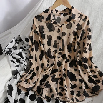 Hikigawa Moda Chique Mulheres Vintage Elegante Estampa De Leopardo Camisas De Chiffon Todo O Jogo Casual Blusa Primavera Verão Coreano Superior Mujer