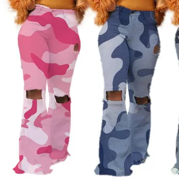 2023 Outono De Camuflagem Nova Calças Para Mulheres Plus Size Cintura Alta Algodão Sino Inferior Angustiado Rasgado Buraco Senhoras Elástica De Alta Calças