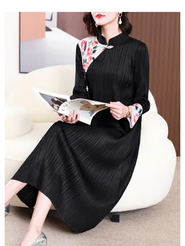 VENDA QUENTE Chinês de estilo retro vertical colar de botão impresso longo de mangas plissadas modificado vestido cheongsam EM STOCK