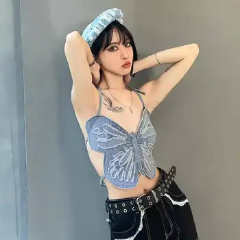 Vento moda de rua tiro halter sexy da mulher de suspender colete com jeans borboleta
