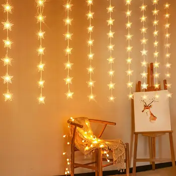 Estrela Seqüência de Luzes LED de Natal, Guirlanda de Fadas da Cortina de luz de 3M Exterior Interior Para o Quarto de Casa de Festa Decoração de 2023