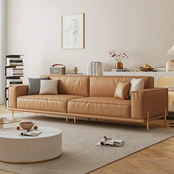 Simples e moderno, luxuoso sofá de couro sala de estar pequena casa linha reta bloco de tofu pé alto de látex sofá Nórdicos