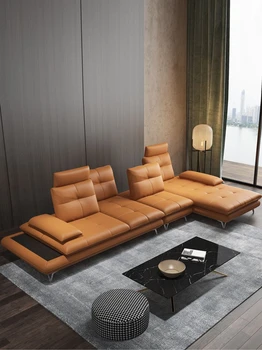 Genuíno sofá de couro com couro camada superior, a luz laranja de luxo, moderno e simples, multifuncional frente e traseira móvel de volta
