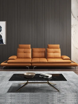 Genuíno sofá de couro com couro camada superior, a luz laranja de luxo, moderno e simples, multifuncional frente e traseira móvel de volta