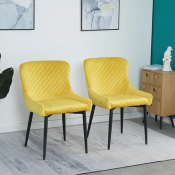 conjunto de 2 cadeira de jantar moderna mobília de sala de jantar tubo de metal pernas tecido amarelo