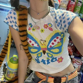 Komiyama Verão Novo Kawaii Y2k Roupas Bater Cor De Arco Ponto Tops Mulheres Moda Casual T-Shirt Engraçada O Pescoço De Manga Curta T