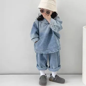 2023 Primavera Novo Jeans Atender Crianças coreano Jaqueta Jeans Calças de Duas peças Boutique de Roupas de Estilo Simples, Roupas de Crianças