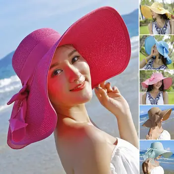 Chapéu de sol de Disquete Grande Borda de Absorção de Suor Malha Macia de Proteção UV de Cor Sólida Dobrar a Fita Bowknot Verão Palha Pac para Praia