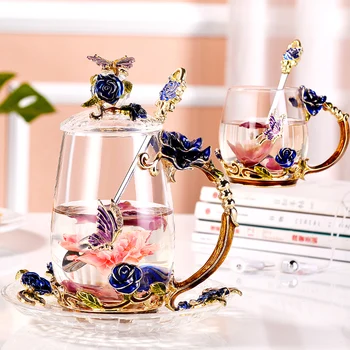Esmalte da Flor Copo de Chá Chinês Vidro de Cristal Caneca de Cerveja em Casa Criativo Tendência Europeia de Luz de Luxo Caneca de Café com pega Tampa da Bandeja de