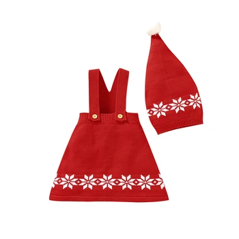 Natal Baby Girl Dress+ Chapéu, De Suspender A Alça De Ombro Tricô Floco De Neve Imprimir Uma Forrado De Vestido+ De Pelúcia Bola Chapéu De Papai Noel