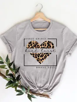 Tee Moda Leopard Amor Doce Bonito de 90 Mulheres T Roupas de Senhoras de Roupas de Manga Curta Gráfico Feminino Casual de Impressão de T-shirts