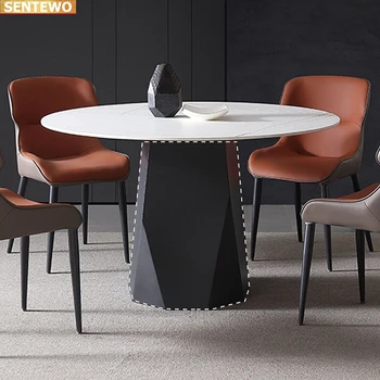 Designer de Luxo rodada de jantar em Mármore, Pedra, Laje de jantar mesa 8 cadeiras tische móveis meuble marbre de aço Inoxidável, base de ouro