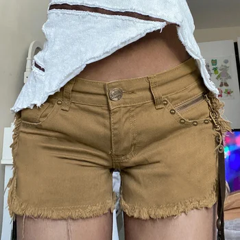 Verão de Carga Shorts Jeans Feminino Cor Sólida Cintura Alta Desfiado Borda Jeans Calças Curtas Moda Y2K Estilo Punk Mulheres