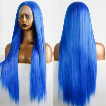 Sintética Lace Front Wig Céu Azul De Seda Longo Reto Resistentes Ao Calor, A Fibra Do Cabelo Natural Fio Cortes Livres De Perucas Para As Mulheres