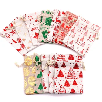 Presente de natal Saco de Cordão Lindo Portátil de Armazenamento Mini Sacola para Doces do Papai Noel Elk Impresso Embalagem Sacos de Algodão 10*14cm
