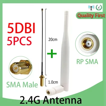 5PCS 2.4 GHz wifi antena de 5dBi wi-Fi RP-SMA Conector de 2,4 G branco Antenne Router + 21cm PCI U. FL IPX para SMA Macho com cabo Flexível Cabo