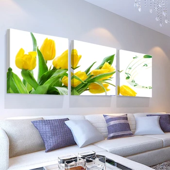 3 Peças Amarelas Tulipa Flores Cartazes Arte de Parede de Lona Fotos de Decoração de Casa de Pinturas Acessórios para a Sala de Decorações